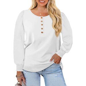 Plus Size Womens Henley Shirt Long Sleeve Puff Sleeve Casual Blouse